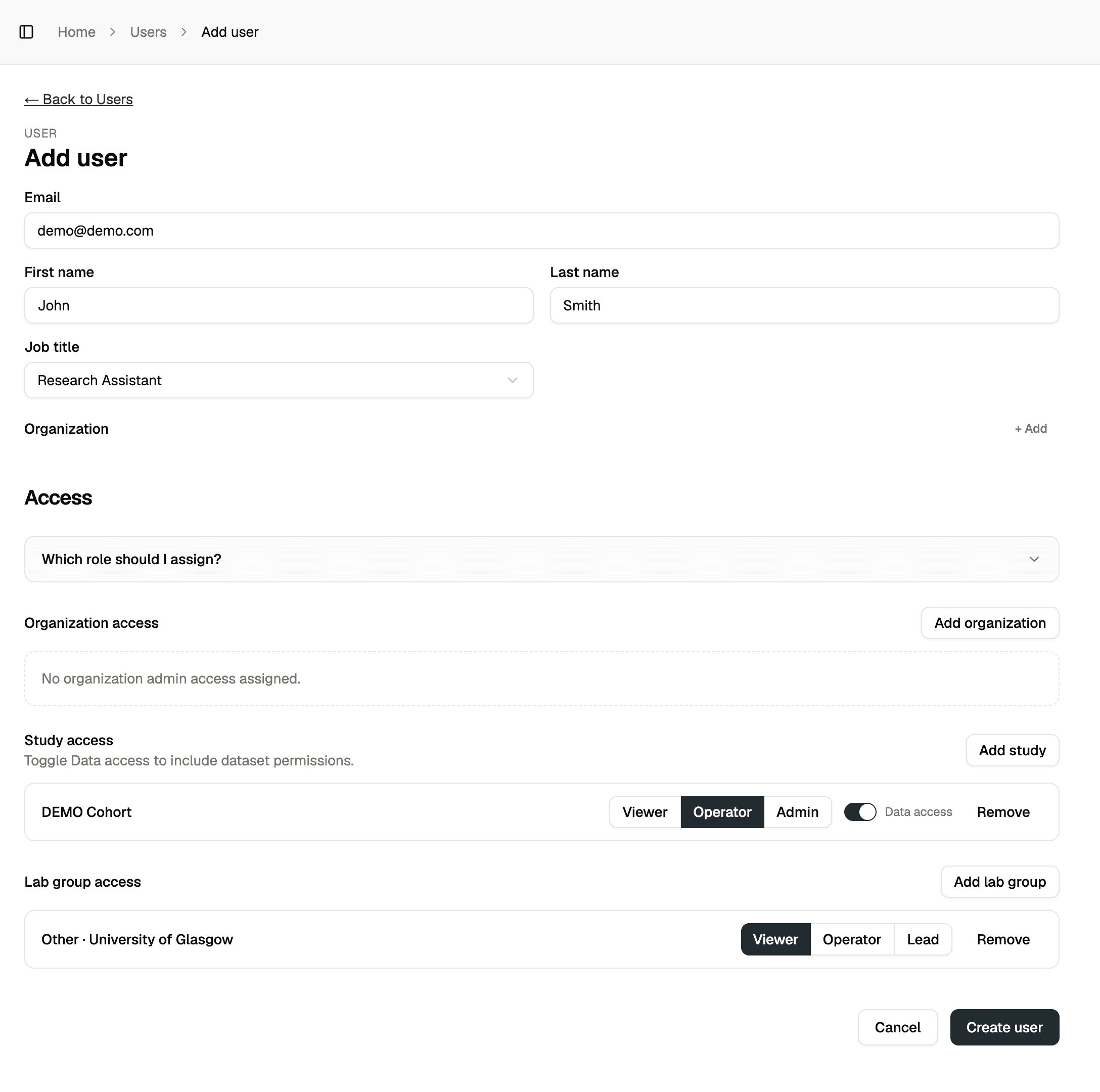 Add user form assigning a study and a lab group, each with its own access level